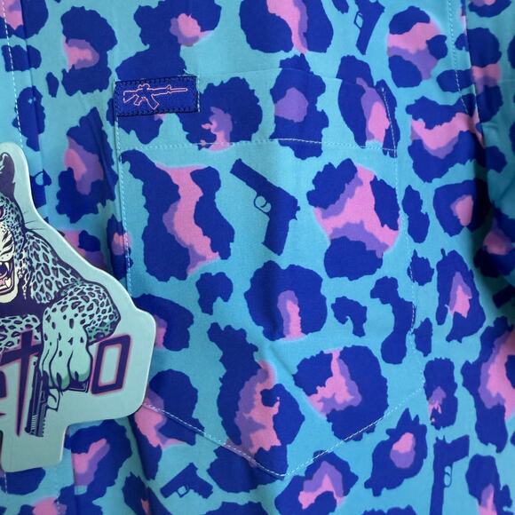 Retro Rifle Shirt Mens Medium Blue Leopard Short Sleeve Button Up Stretch NWT - Picture 8 of 14